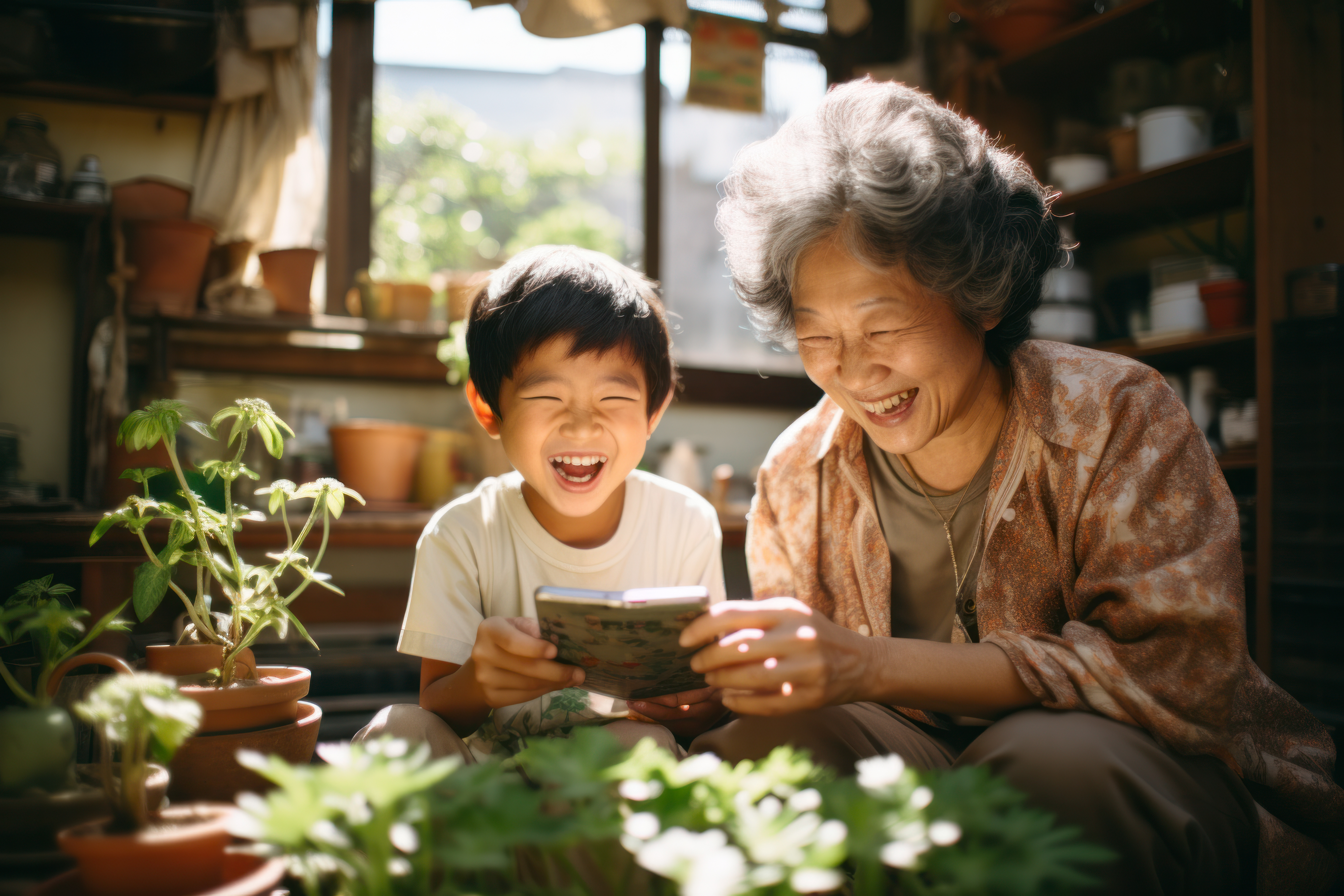 Grand-mère et son petit-fils riant avec un téléphone